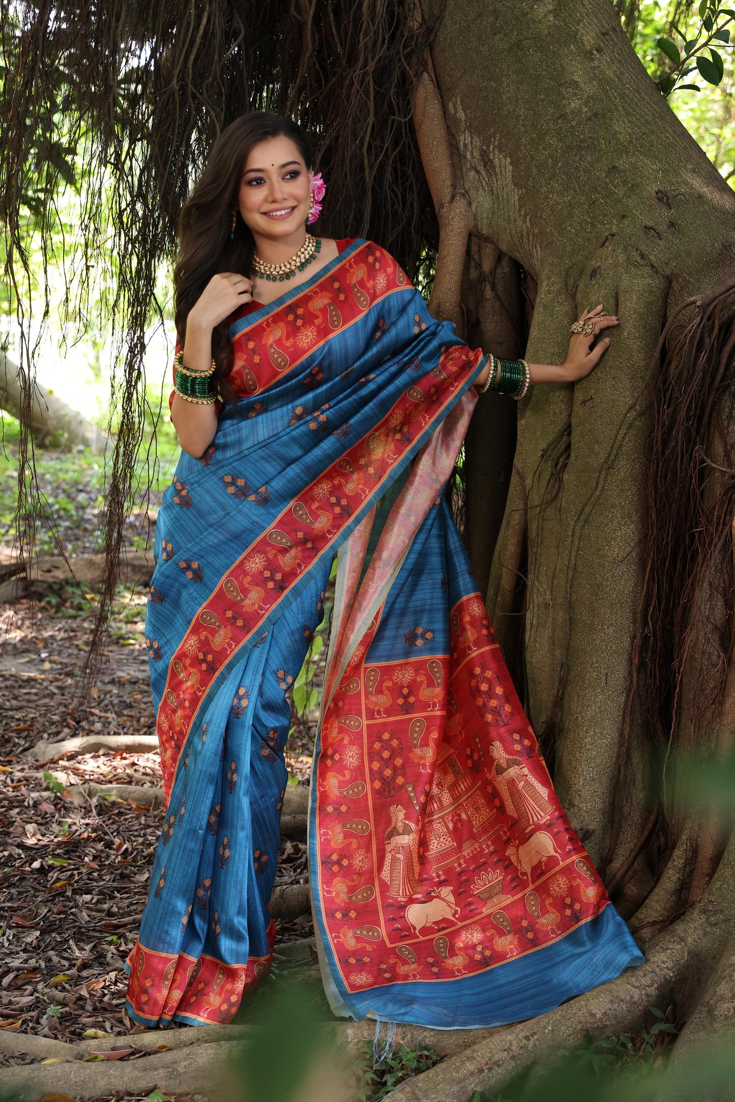Slate Blue Tussar Soft Silk Saree With Blouse Piece