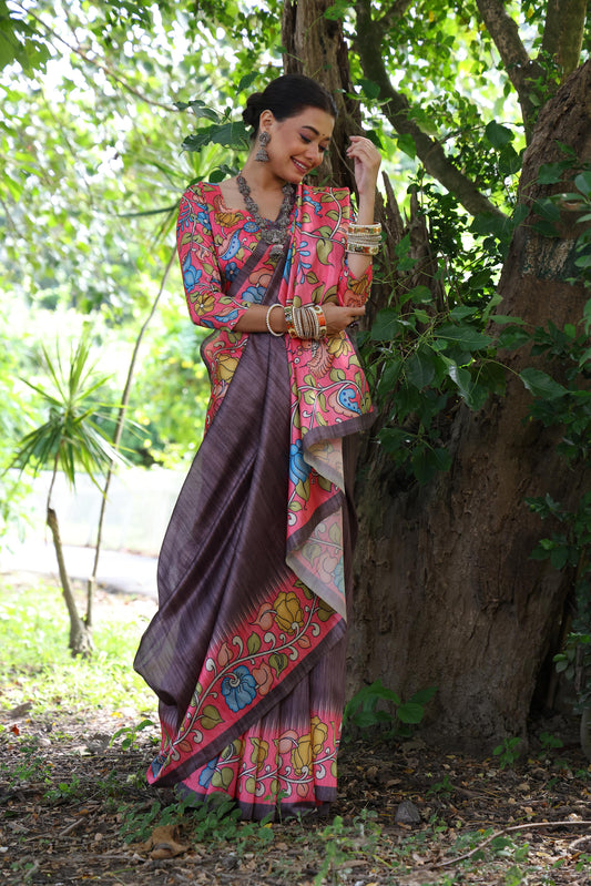 Cold Coffe Brown Tussar Silk Kalamkari Printed Saree With Blouse