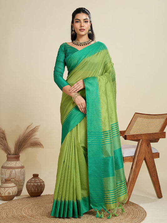 Moss Green Soft Raw Silk Saree With Contrast Border