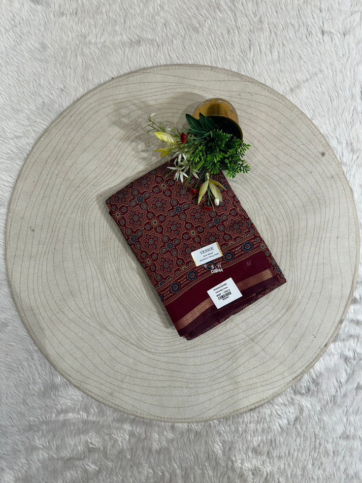 Elegant Ajrakh Print Soft Cotton Saree with Traditional Motifs & Rich Pallu