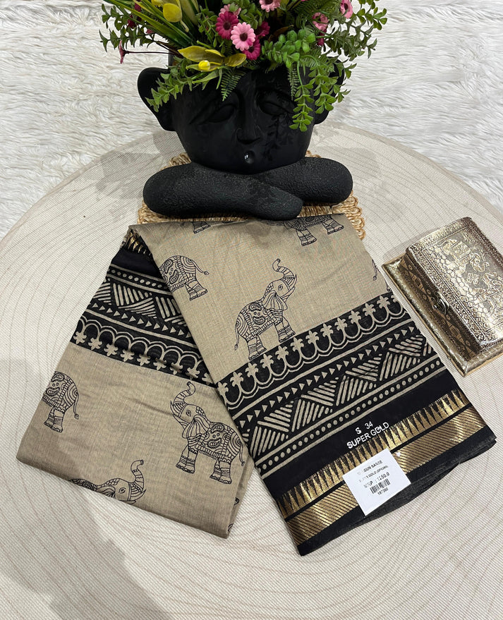 Black & Handloom Saree with Elephant & Floral Print