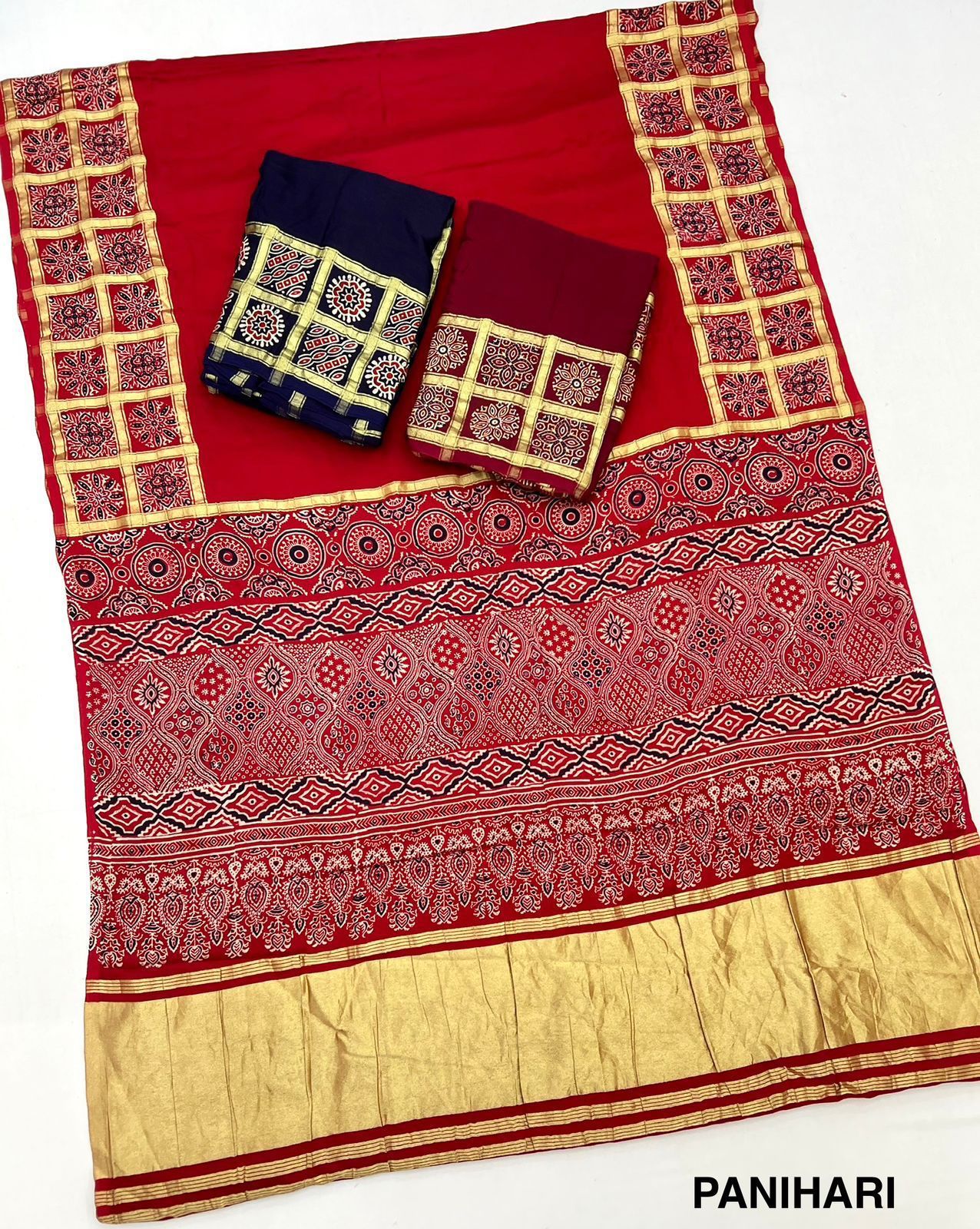 Premium Red Heritage Print Saree with Gold Accents