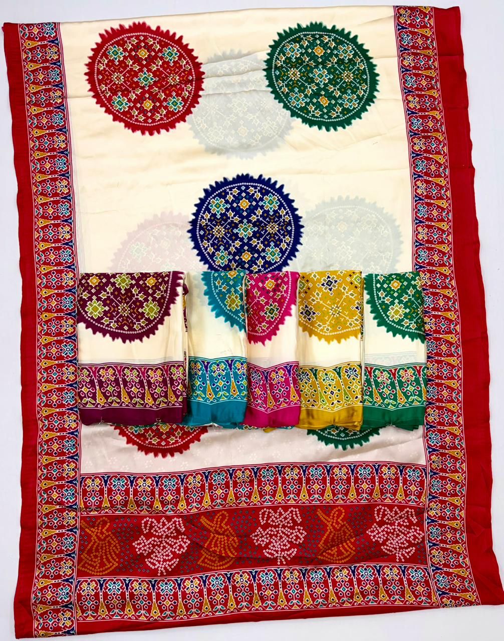 Elegant Cream & Pink Patola Inspired Silk Saree