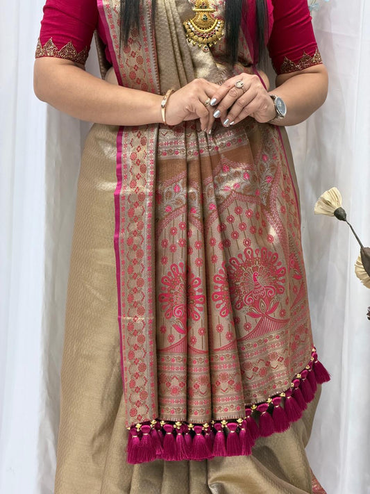 Golden Zari Woven Festive Saree with Designer Border