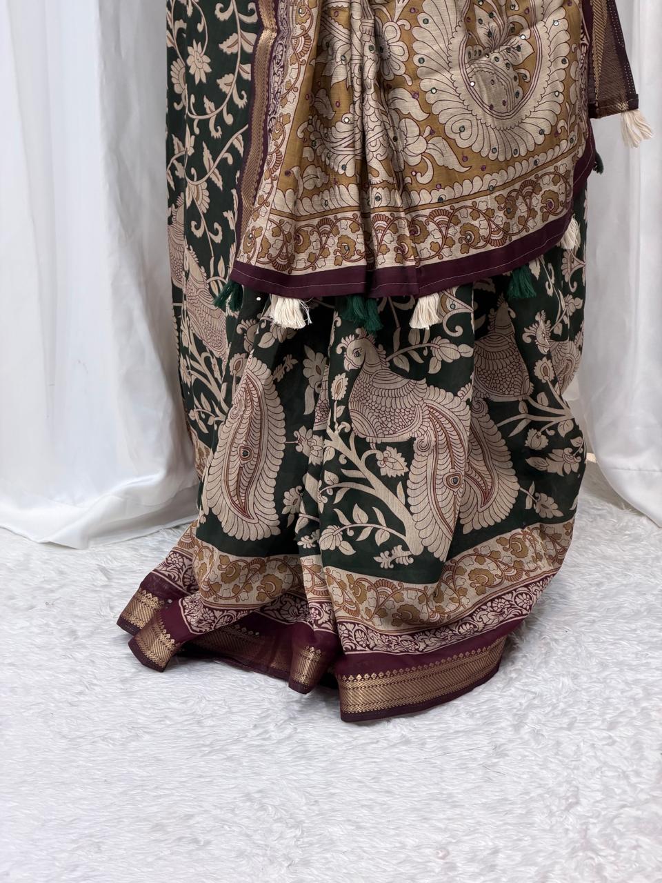 Traditional Kalamkari Style Saree in Green & Maroon