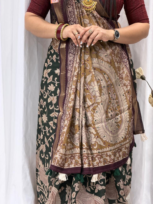 Traditional Kalamkari Style Saree in Green & Maroon