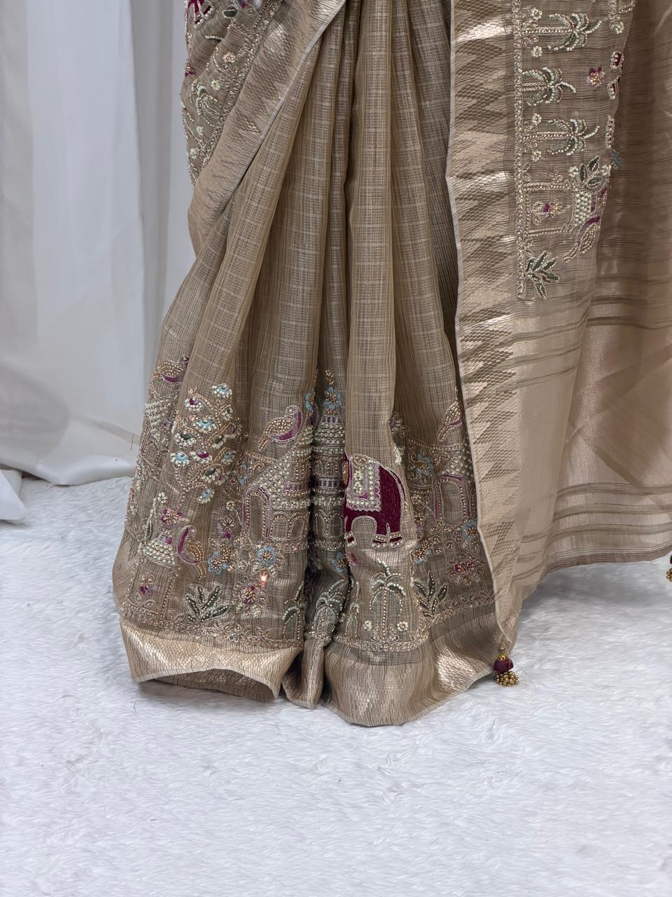 Elegant Beige Handwoven Saree with Rich Embroidery