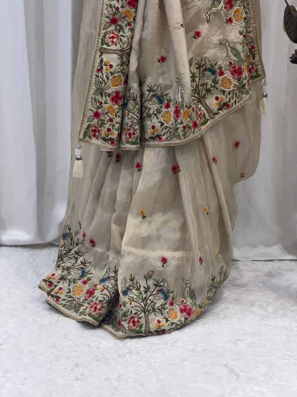 Elegant Cream Saree with Multicolor Floral Embroidery