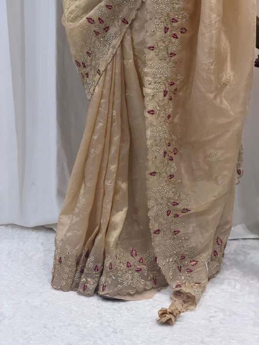 Elegant Golden Beige Embroidered Saree