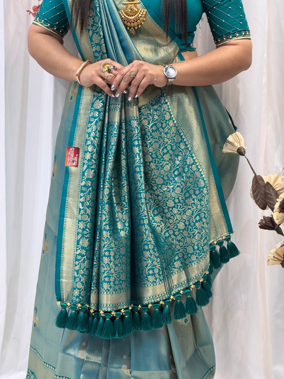 Teal Green Zari Woven Festive Saree with Designer Border