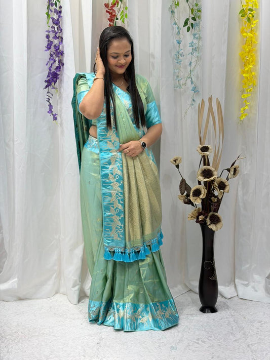 Sea Green & Aqua Zari Woven Saree with Tassel Pallu