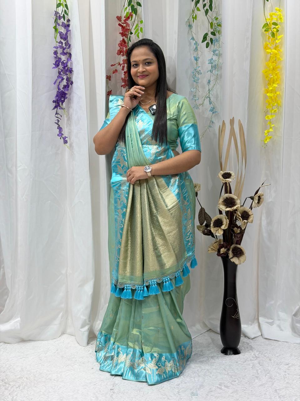 Sea Green & Aqua Zari Woven Saree with Tassel Pallu