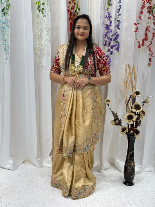 Luxury Golden Tissue Silk Saree with Floral Embroidery & Designer Border