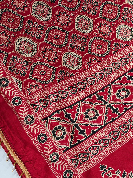 Royal Red Traditional Printed Saree with Ethnic Floral Border