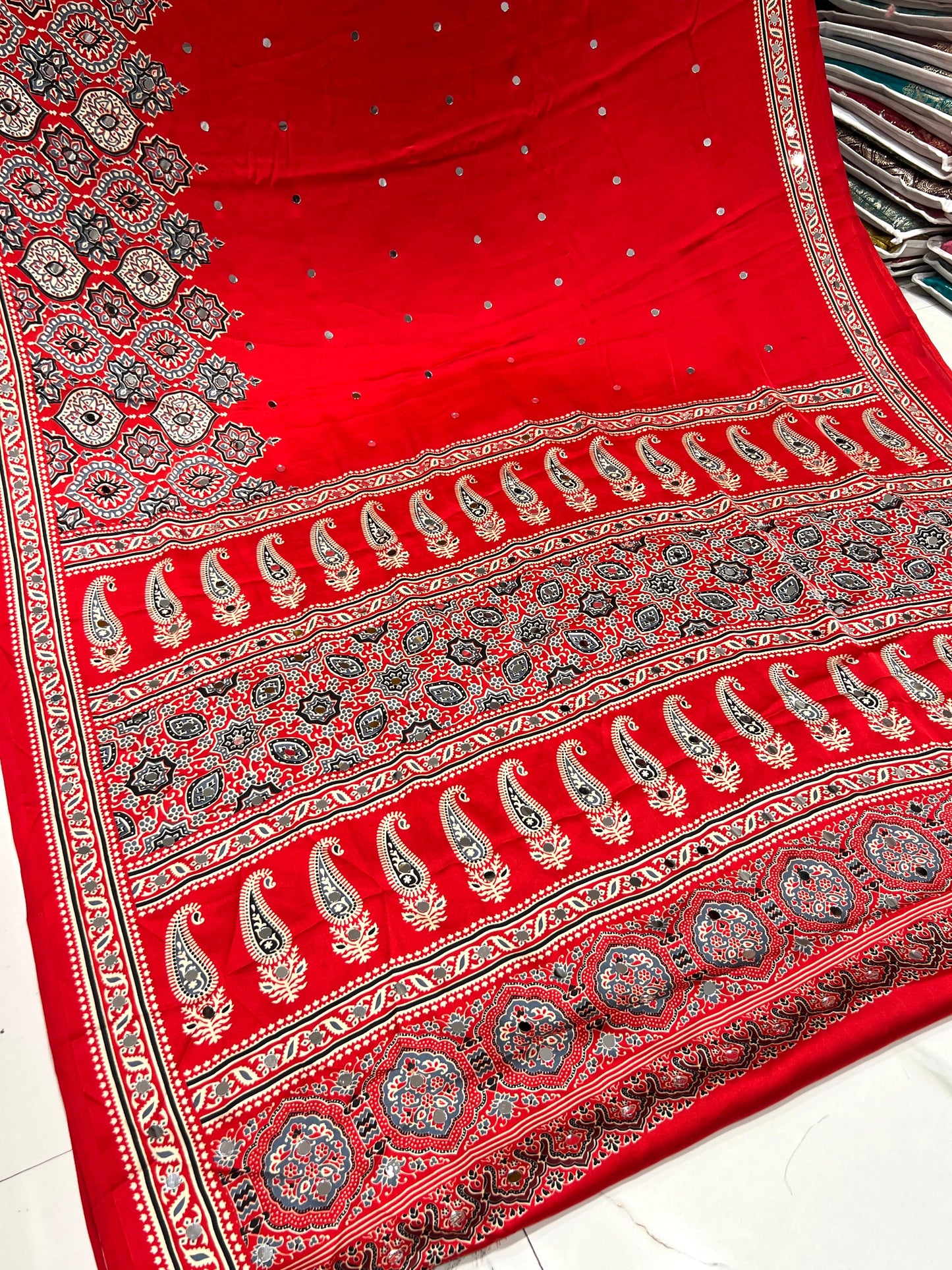 Red Stunning Ajrakh Mirror Work Saree