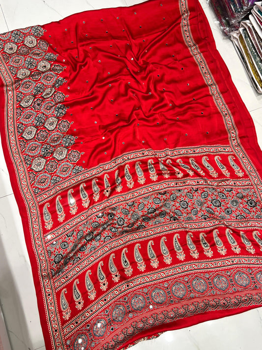 Red Stunning Ajrakh Mirror Work Saree