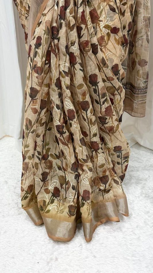 Nature-Inspired Beige Botanical Print Saree