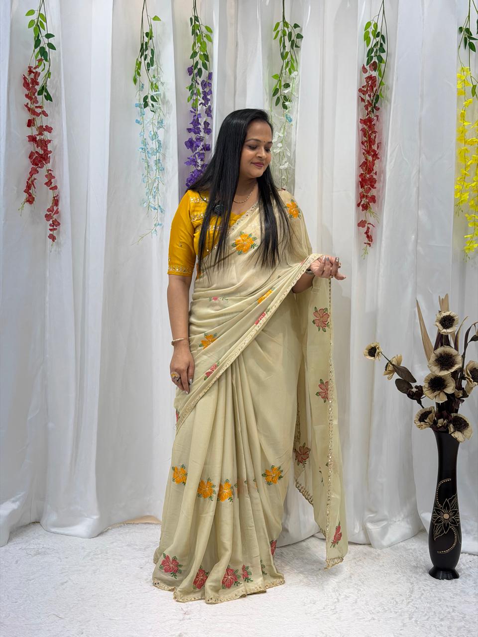 Elegant Cream Floral Embroidered Soft Saree