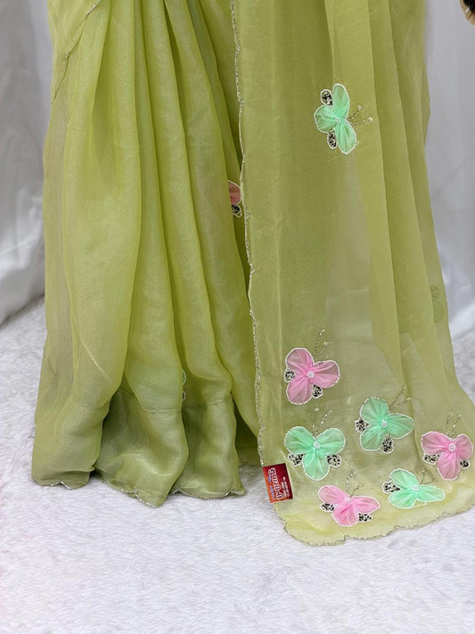 Pastel Green Butterfly Embroidered Saree – Elegant Soft Organza Party Wear