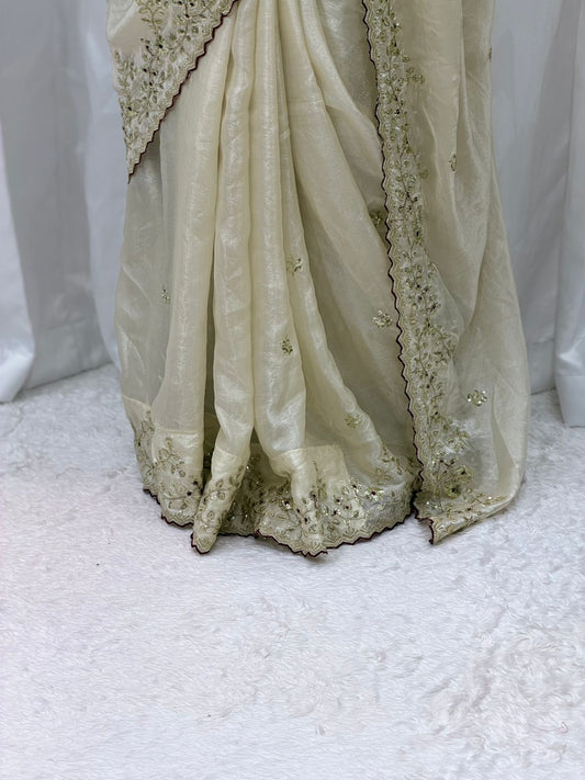 Royal Ivory Embroidered Silk Saree with Elegant Handwork Border