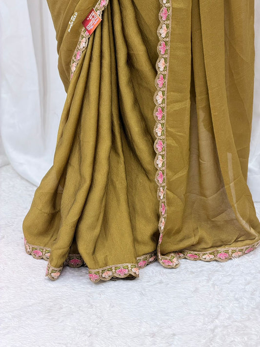 Elegant Mustard Silk Blend Saree with Floral Embroidered Border