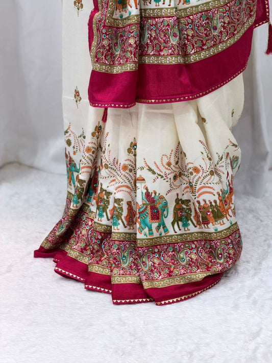 Royal Cream & Rani Pink Printed Saree with Traditional Elephant Border & Rich Pallu