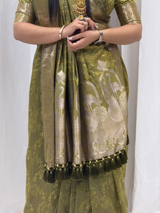 Premium Olive Green Traditional Silk Saree with Rich Gold Border