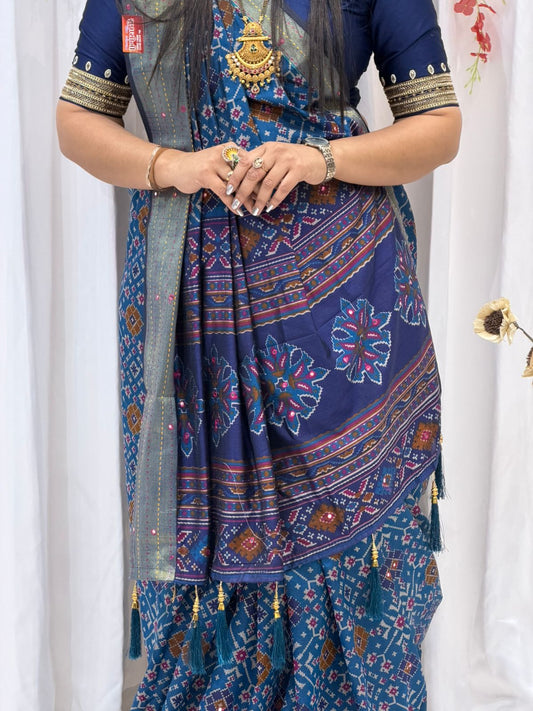 Timeless Blue Saree with Multicolor Traditional Motifs