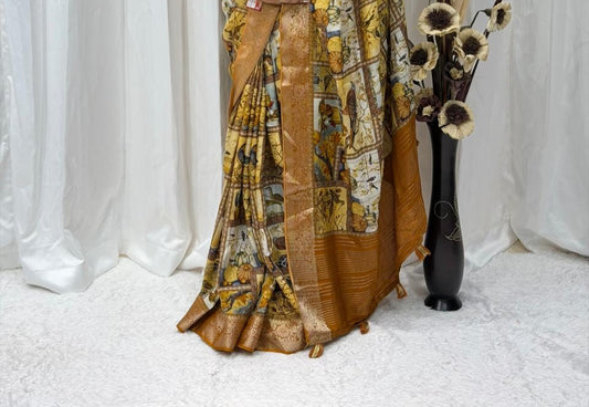 Golden Mustard Printed Silk Saree with Rich Zari Border