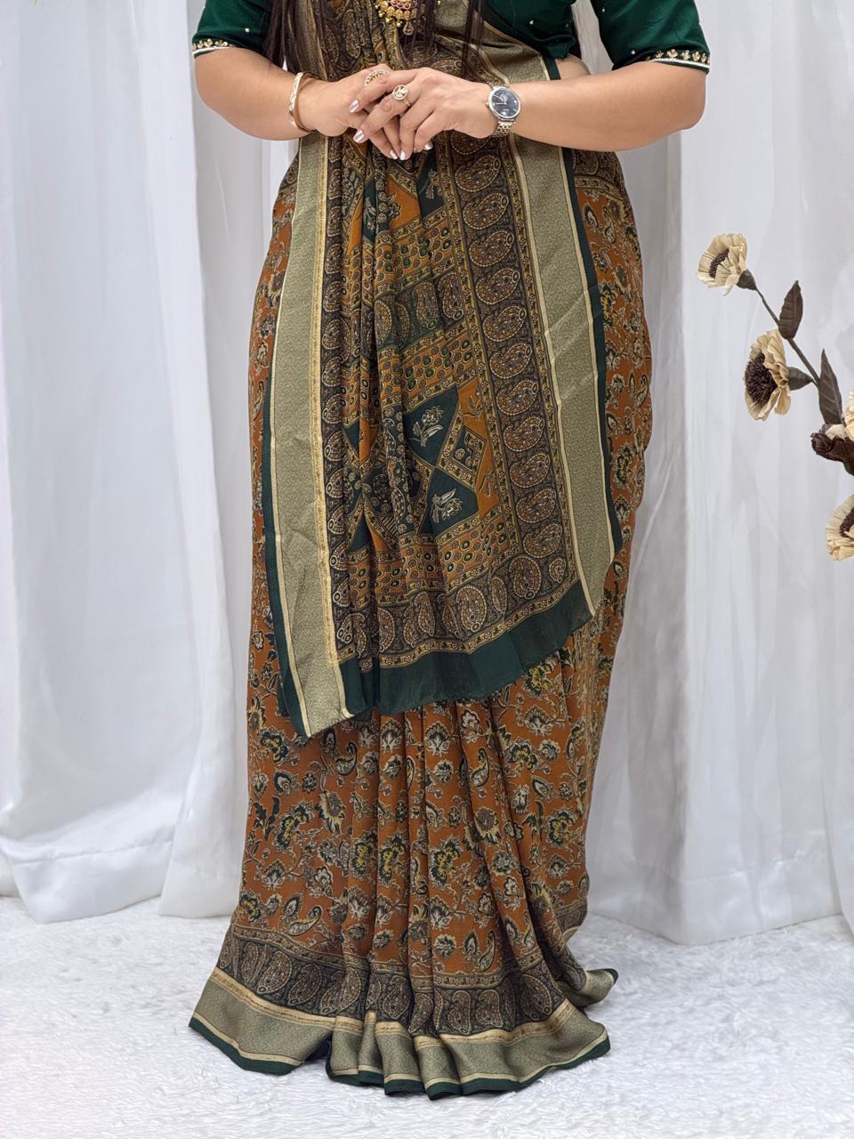 Elegant Mustard & Bottle Green Printed Silk Blend Saree with Rich Border