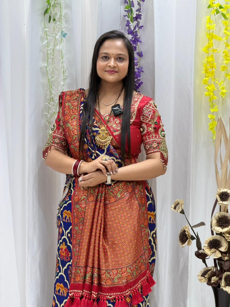 Royal Blue & Red Traditional Printed Saree with Elegant Tassel Border