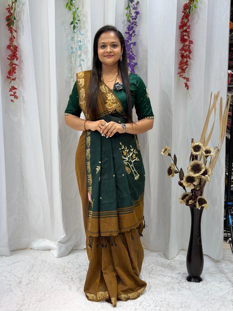 Traditional Handloom Style Cotton Saree in Green & Mustard Gold