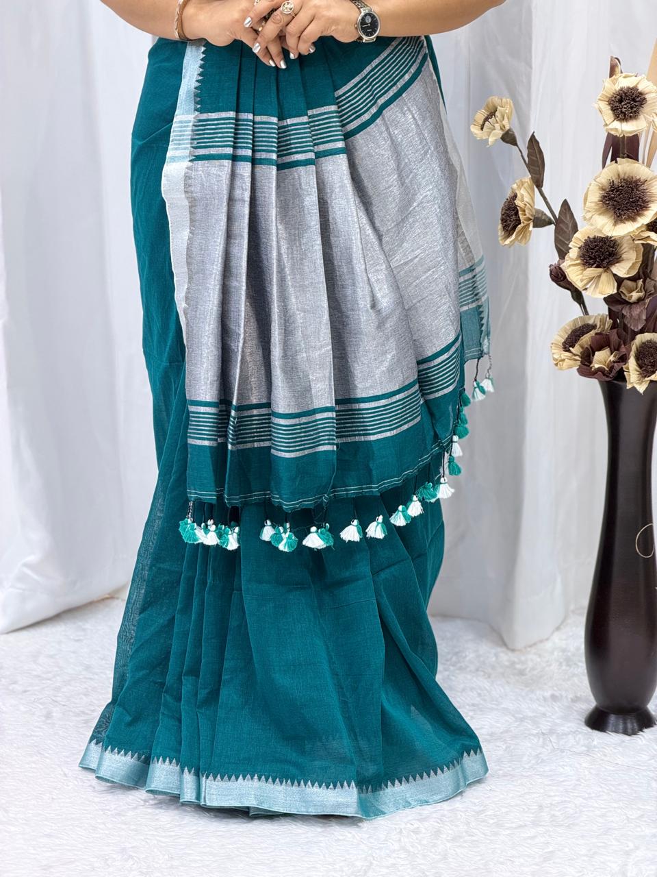 Royal Teal Silver Border Cotton Saree