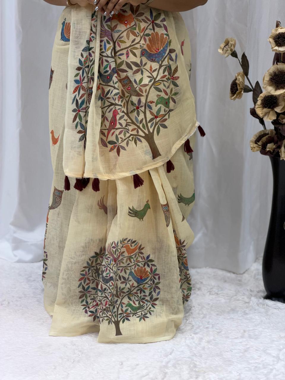 Ivory Heritage Tree Print Linen Saree with Artistic Nature Motifs