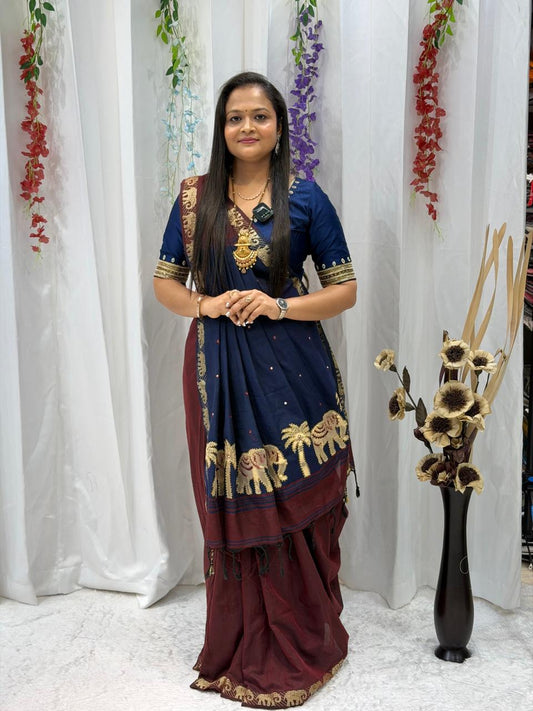 Royal Navy Blue Heritage Border Traditional Saree