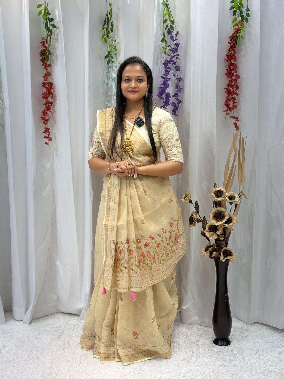 Premium Ivory Hand-Painted Floral Linen Saree with Designer Blouse | Elegant Festive & Office Wear