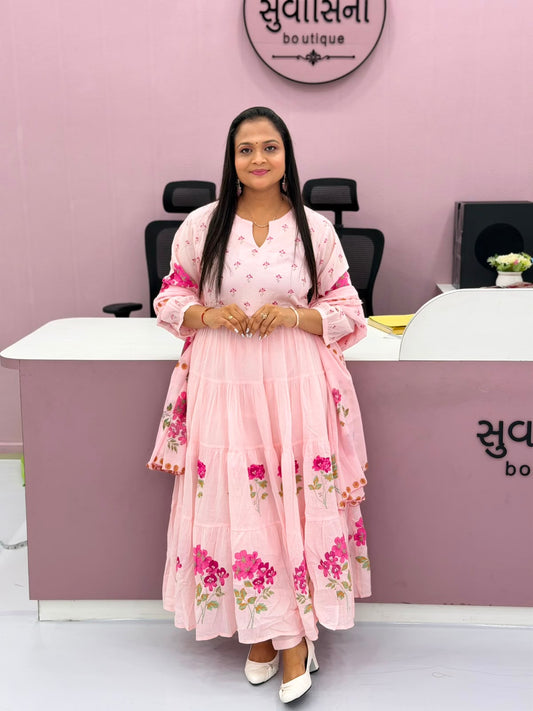 Women’s Pink Floral Printed Tiered Anarkali Dress
