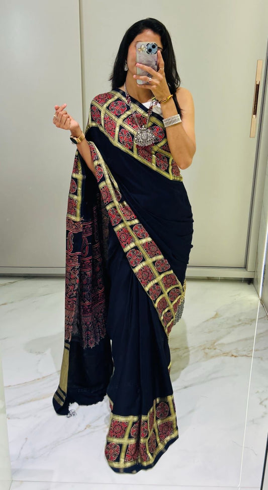 Premium Red Heritage Print Saree with Gold Accents