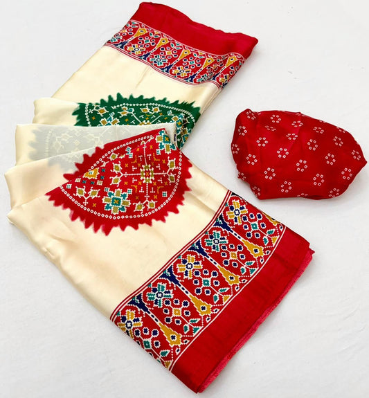 Elegant Cream & Pink Patola Inspired Silk Saree