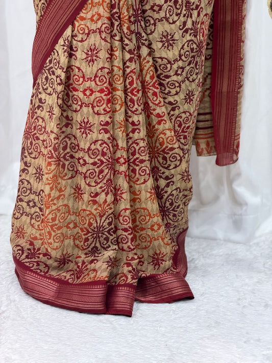 Royal Beige & Maroon Printed Saree with Elegant Traditional Motifs & Rich Border