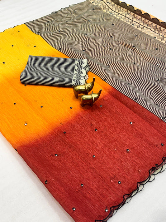 Elegant Ombre Blue & Mint Linen Cotton Saree with Stripe Pallu & Mirror Work