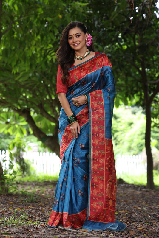 Slate Blue Tussar Soft Silk Saree With Blouse Piece
