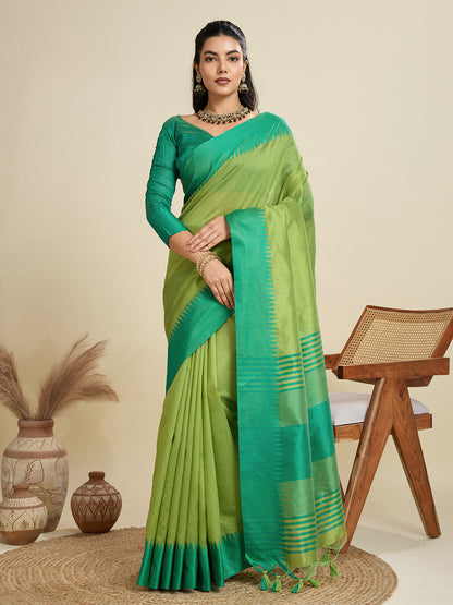 Moss Green Soft Raw Silk Saree With Contrast Border