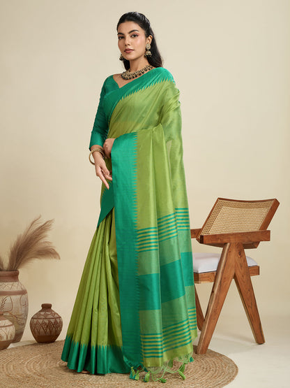 Moss Green Soft Raw Silk Saree With Contrast Border