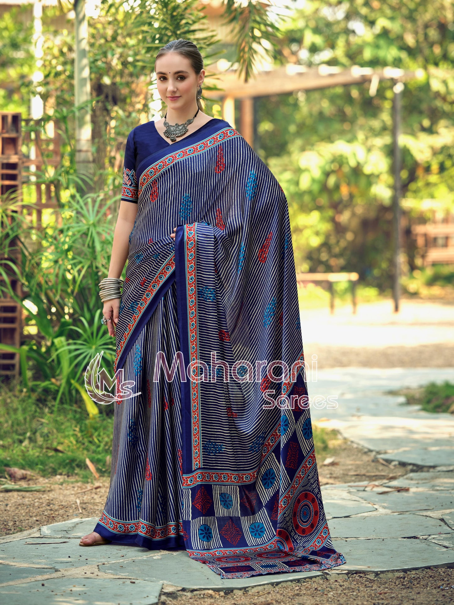 Blue Striped Ajrakh Hand-Printed Modal Silk Saree