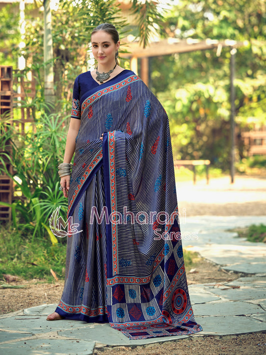 Blue Striped Ajrakh Hand-Printed Modal Silk Saree
