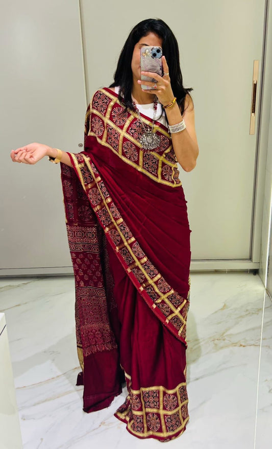 Premium Red Heritage Print Saree with Gold Accents