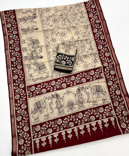 Heritage Style Kalamkari Design Saree with Floral Border