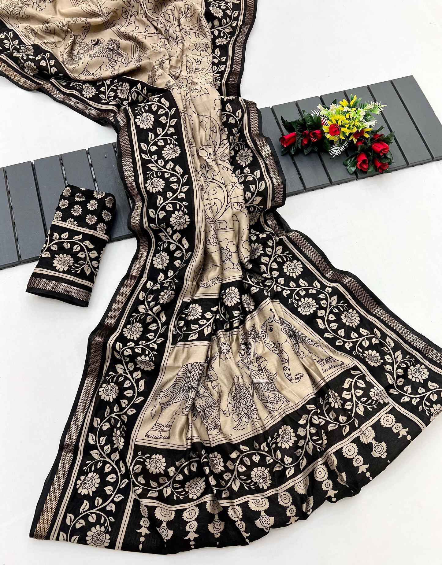 Heritage Style Kalamkari Design Saree with Floral Border