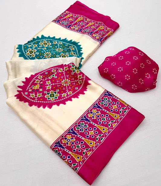 Elegant Cream & Pink Patola Inspired Silk Saree